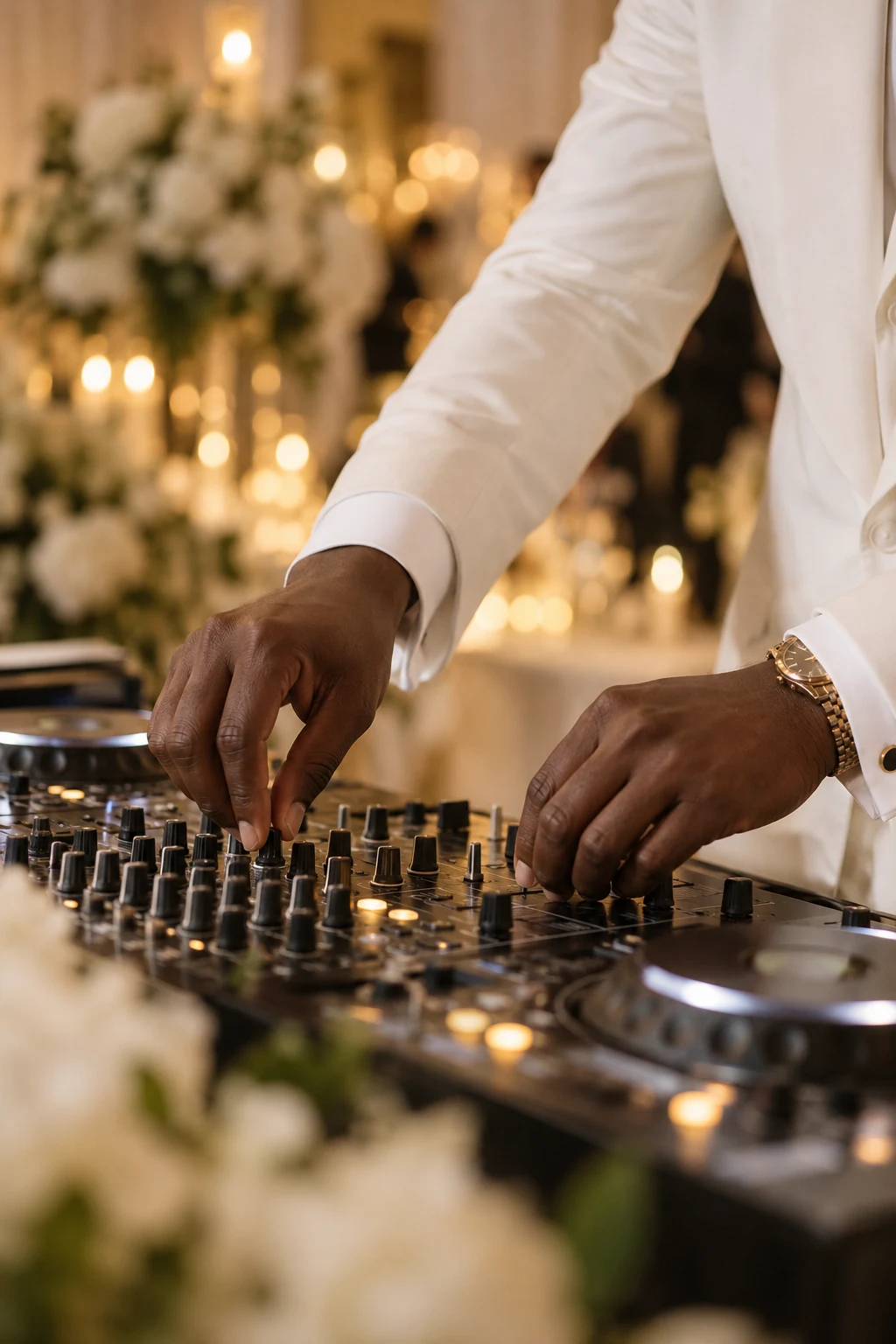 Die Hände eines DJs am Mischpult bei einer Hochzeit in Weiß und Gold