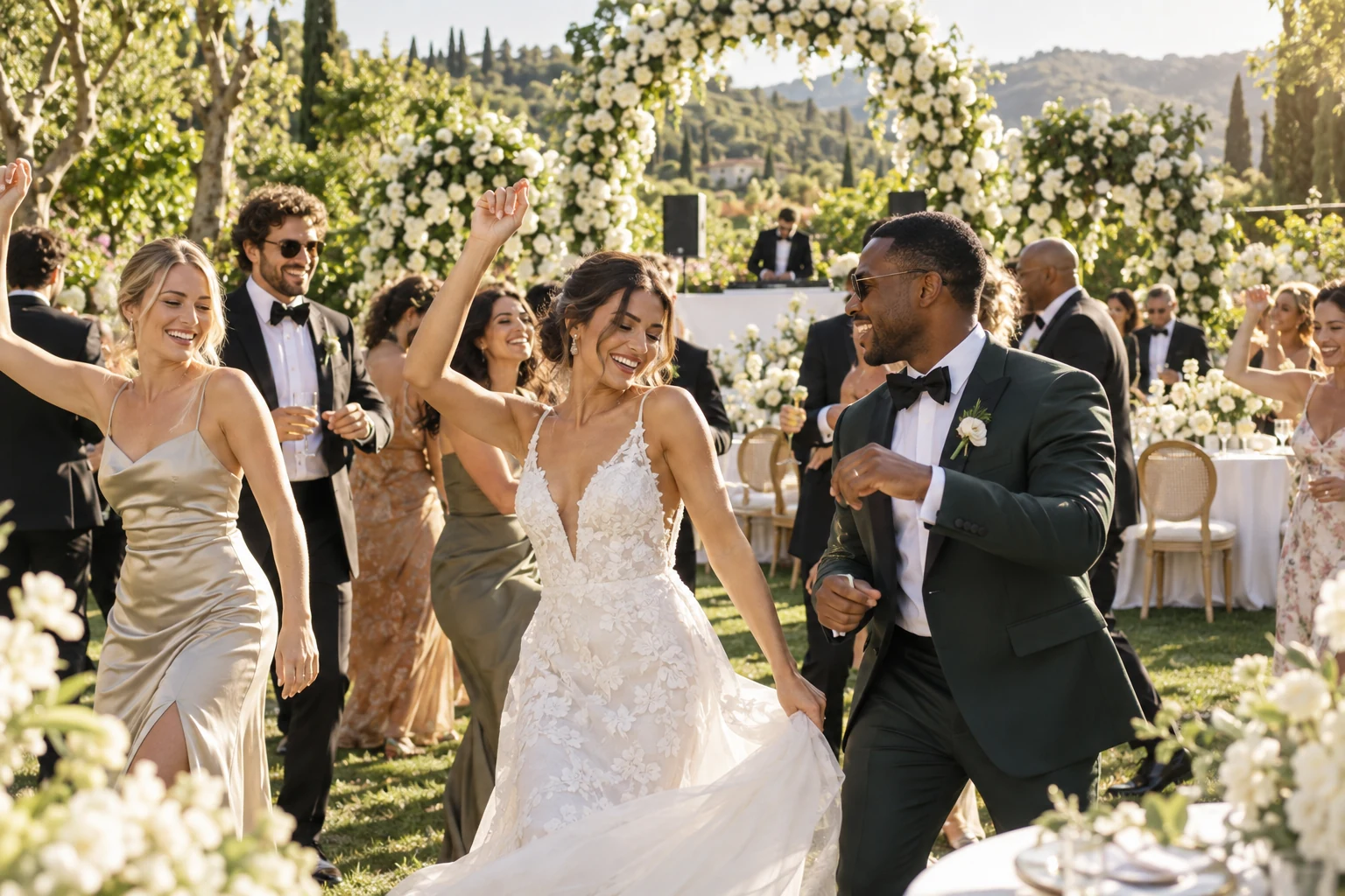 Tanzende Gäste bei einer sonnigen Gartenhochzeit