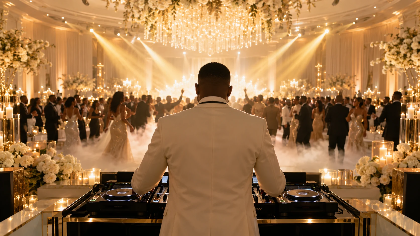 DJ von hinten an den Decks vor einem Hochzeitsballsaal in Weiß und Gold mit Nebel