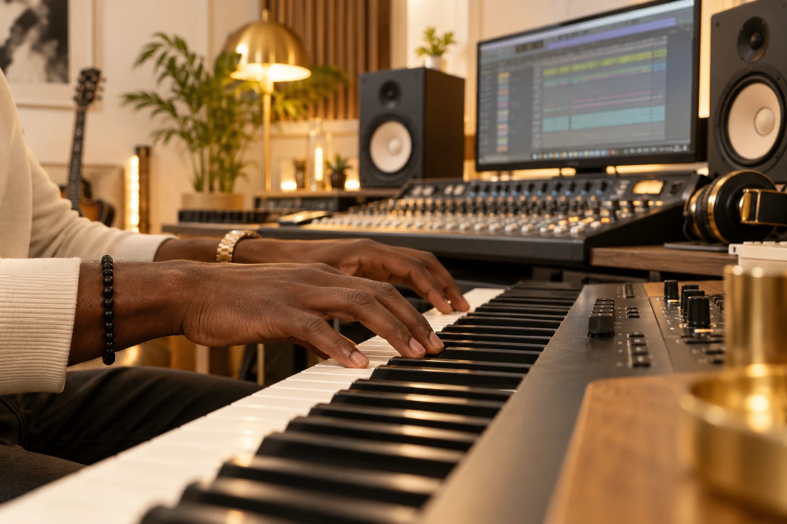 Die Hände eines Produzenten am Keyboard in einem Musikstudio